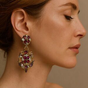 Vintage Gold and Purple Floral Earrings rare chandelier style THELMA DEUTCH